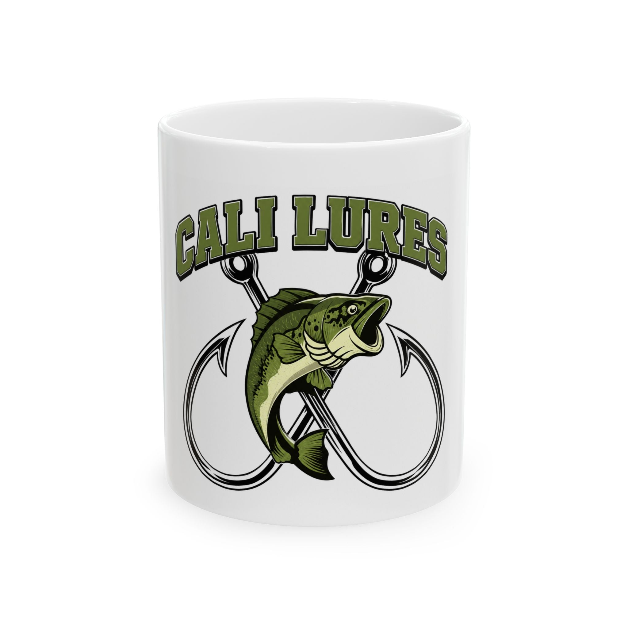 Cali Lures Fishing Mug — Bass & Hook Ceramic Coffee Cup (11oz/15oz)