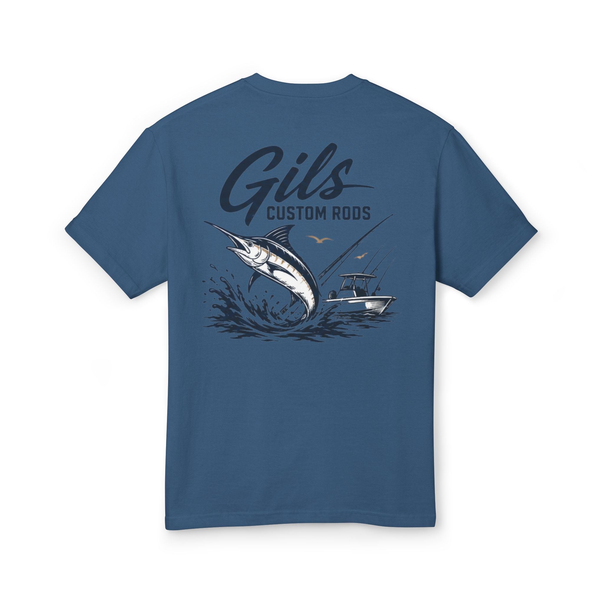 Gils Custom Rods Fishing Tee – Marlin & Boat Graphic Cotton Shirt