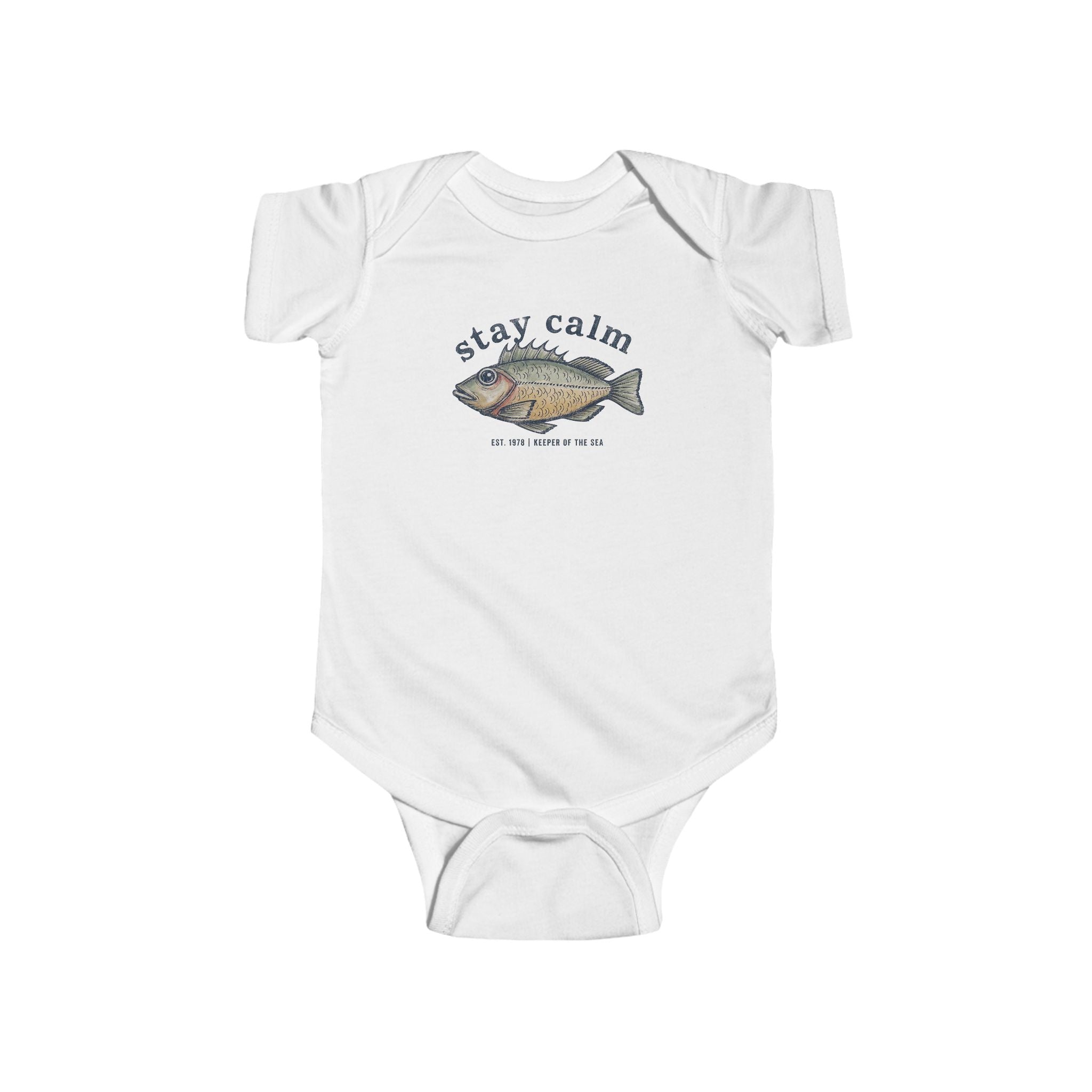 Infant Bodysuit "Stay Calm" Fish Graphic — Cute Baby One-Piece for Newborns & Gifts