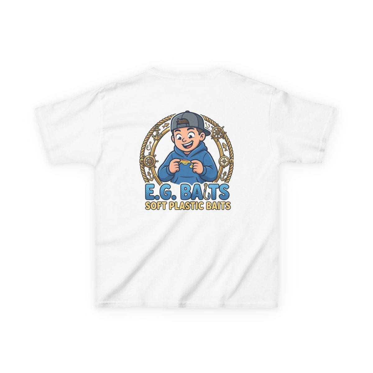 Kids Fishing T‑Shirt — "E.G. Baits" Soft Plastic Baits Logo Tee