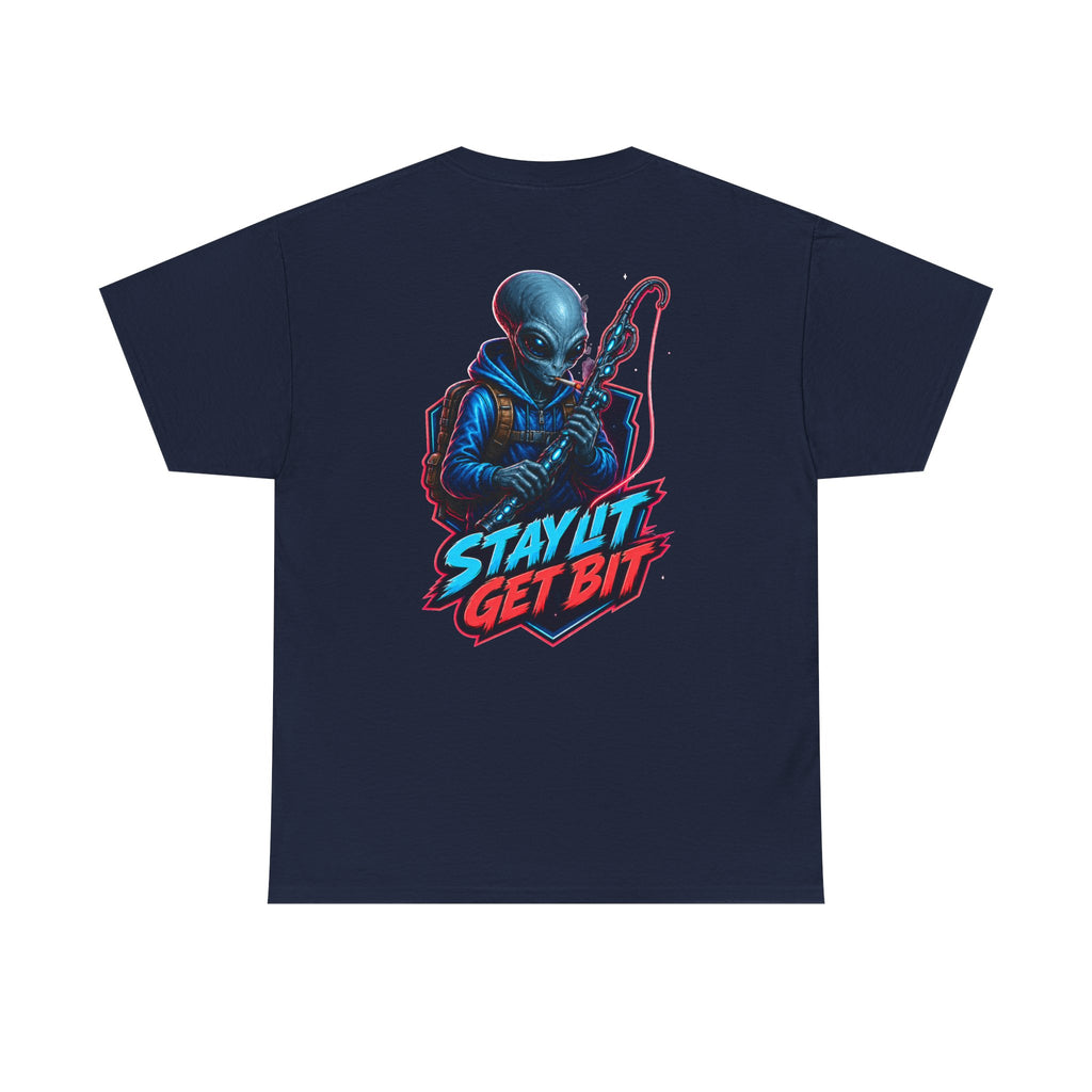 Alien Fisherman Graphic Tee — "Stay Lit Get Bit" Retro Sci‑Fi T-Shirt
