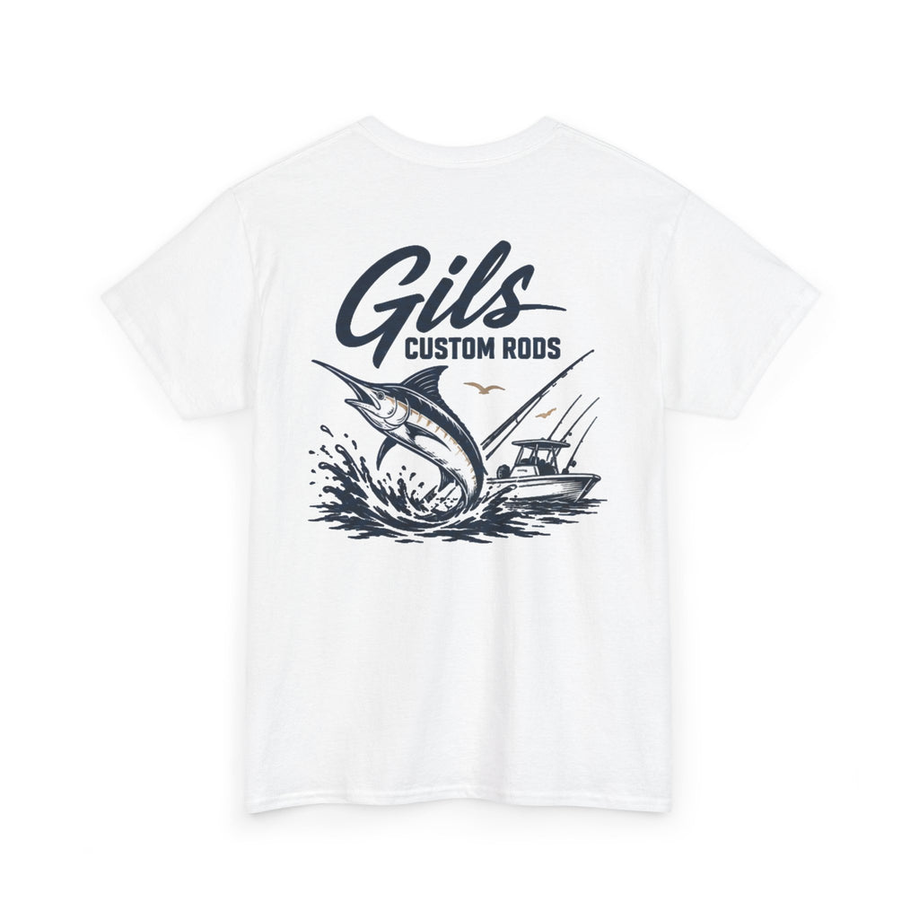 Fishing T-Shirt — "Gils Custom Rods" Marlin Boat Graphic Tee
