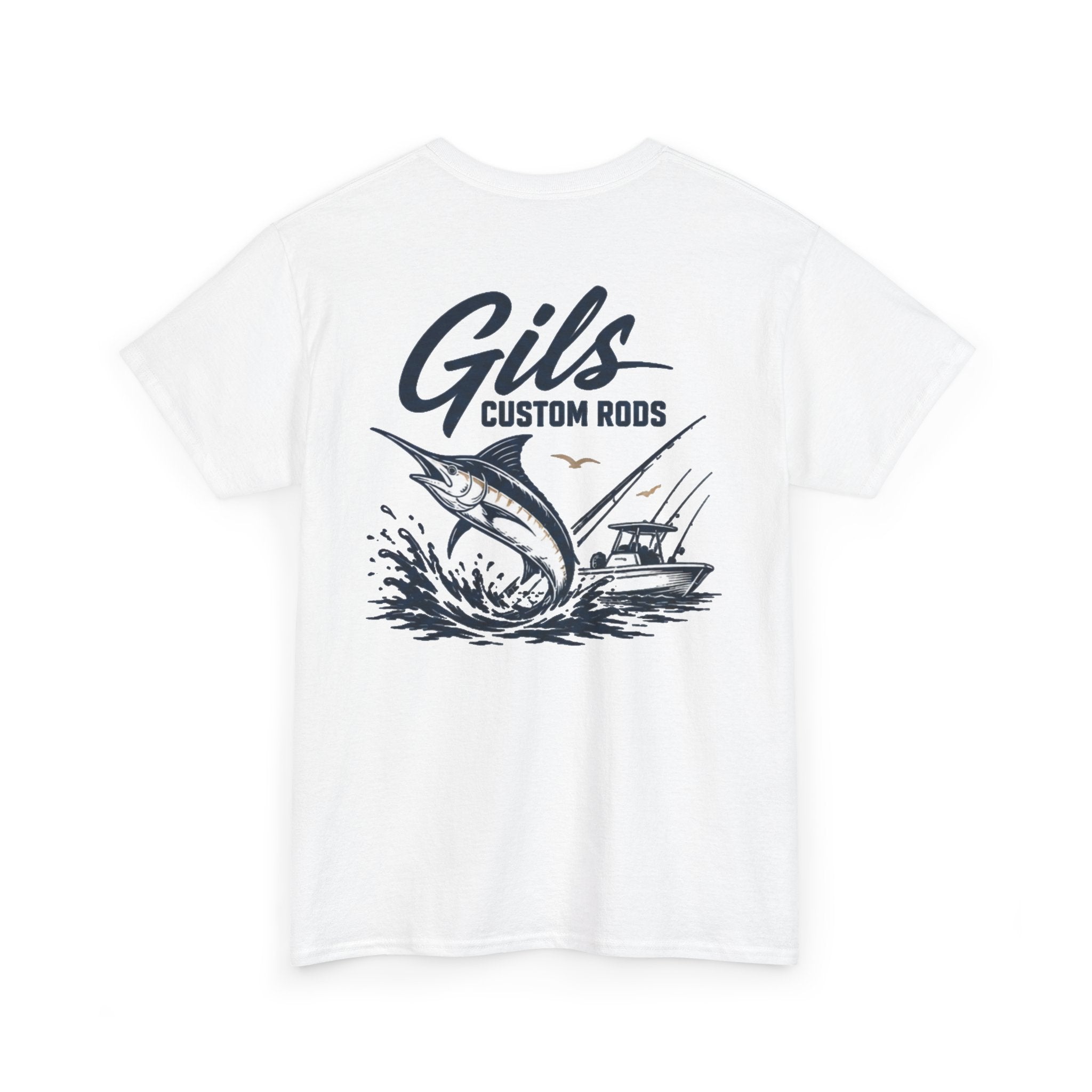Fishing T-Shirt — "Gils Custom Rods" Marlin Boat Graphic Tee