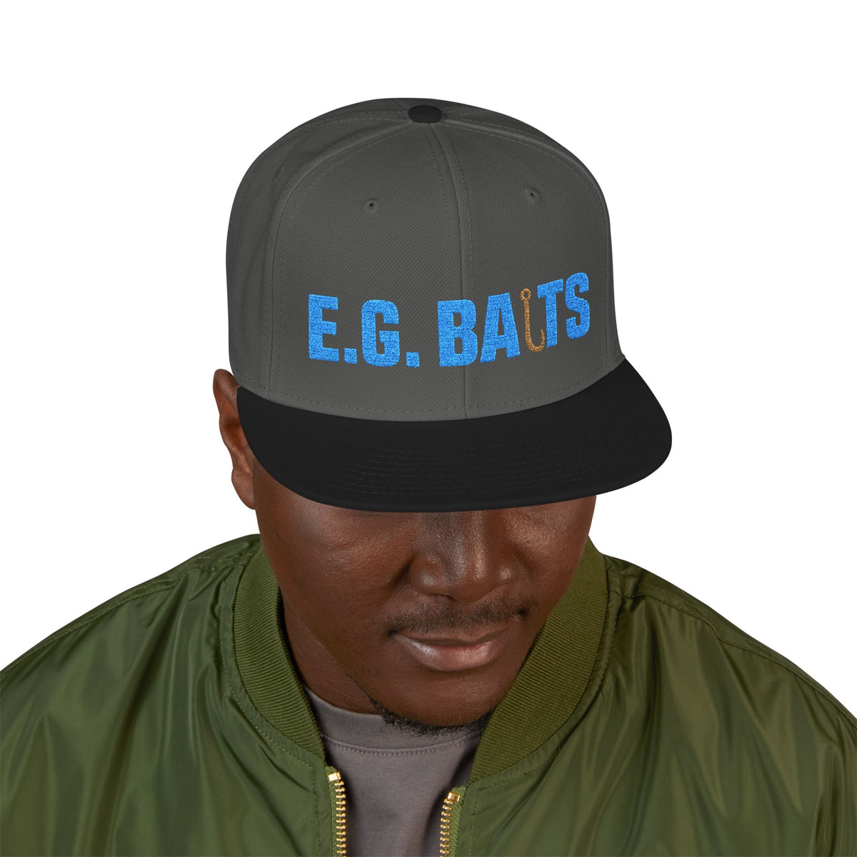 Embroidered Snapback Hat with Blue Glitter 'BAITS' Accent