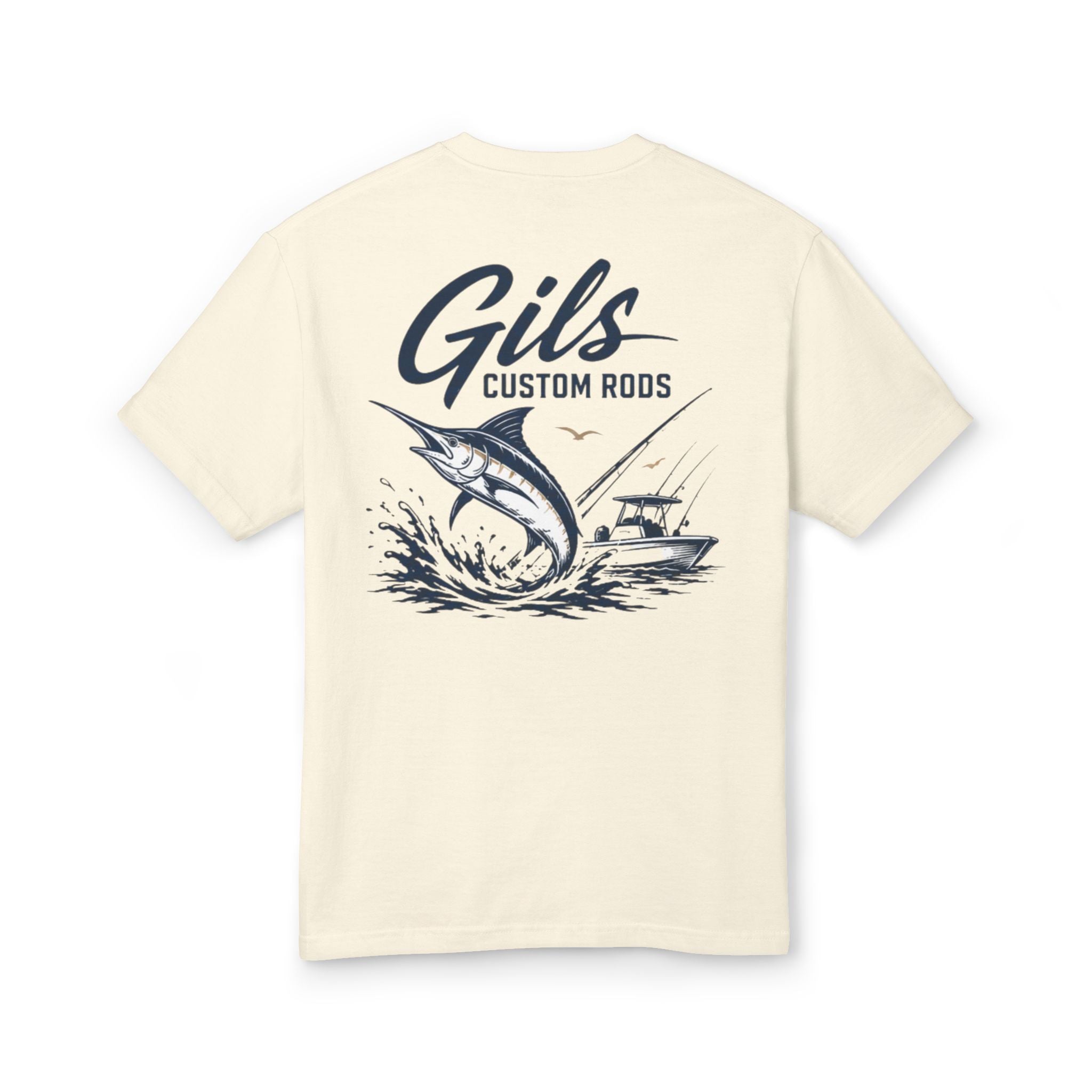 Gils Custom Rods Fishing Tee – Marlin & Boat Graphic Cotton Shirt