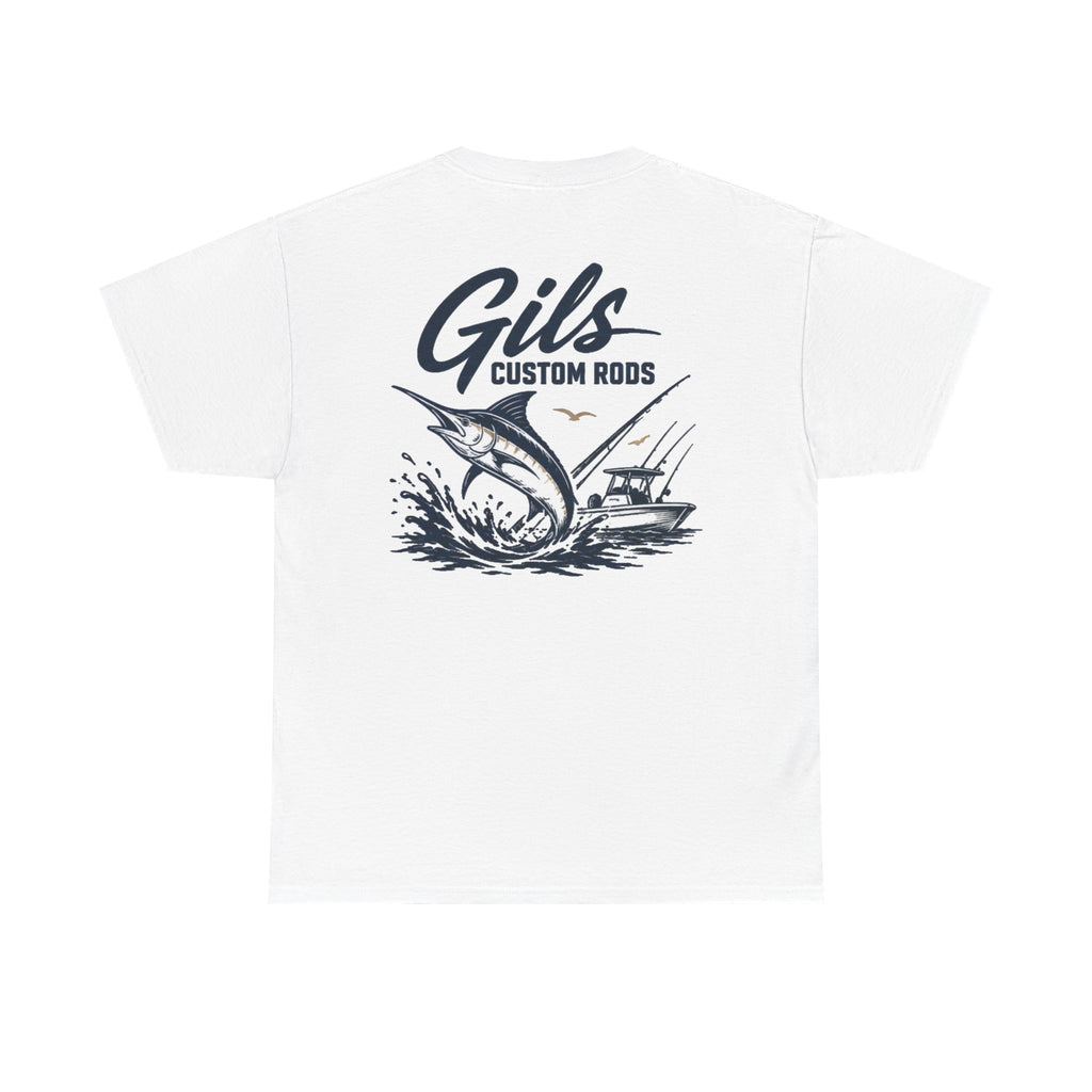 Fishing T-Shirt — "Gils Custom Rods" Marlin Boat Graphic Tee