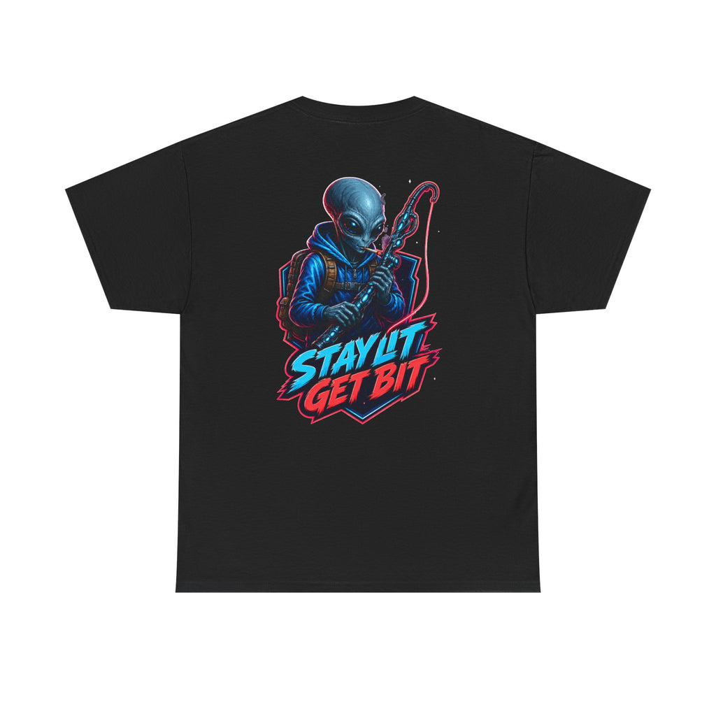 Alien Fisherman Graphic Tee — "Stay Lit Get Bit" Retro Sci‑Fi T-Shirt