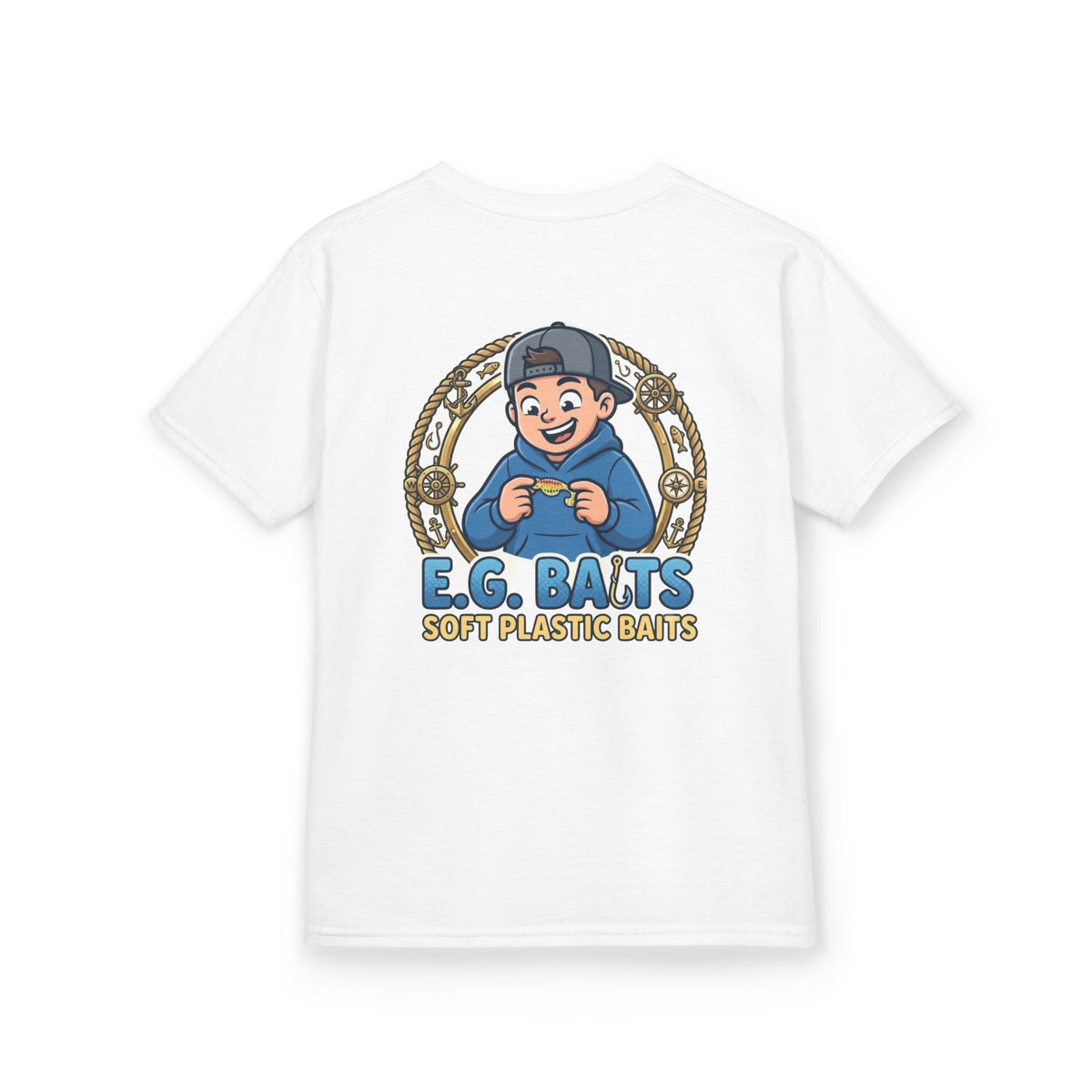 Kids Fishing T‑Shirt — "E.G. Baits" Soft Plastic Baits Logo Tee