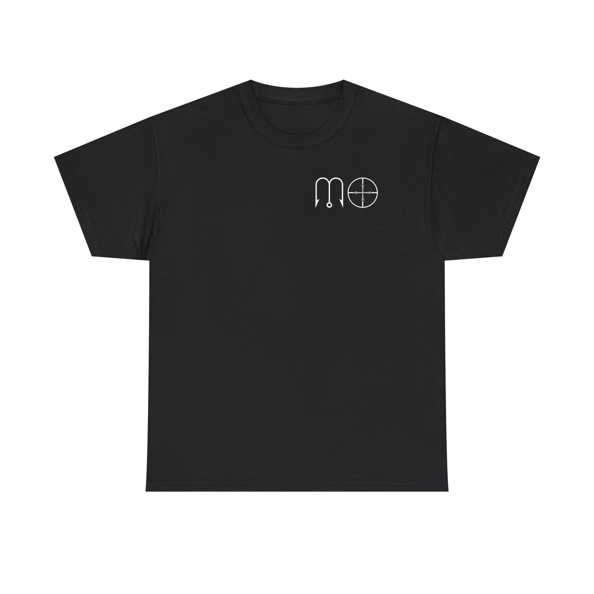 Central Coast California Fishing Tee — 'MO' Minimal Front Logo, Sunset Rockfish Back Design