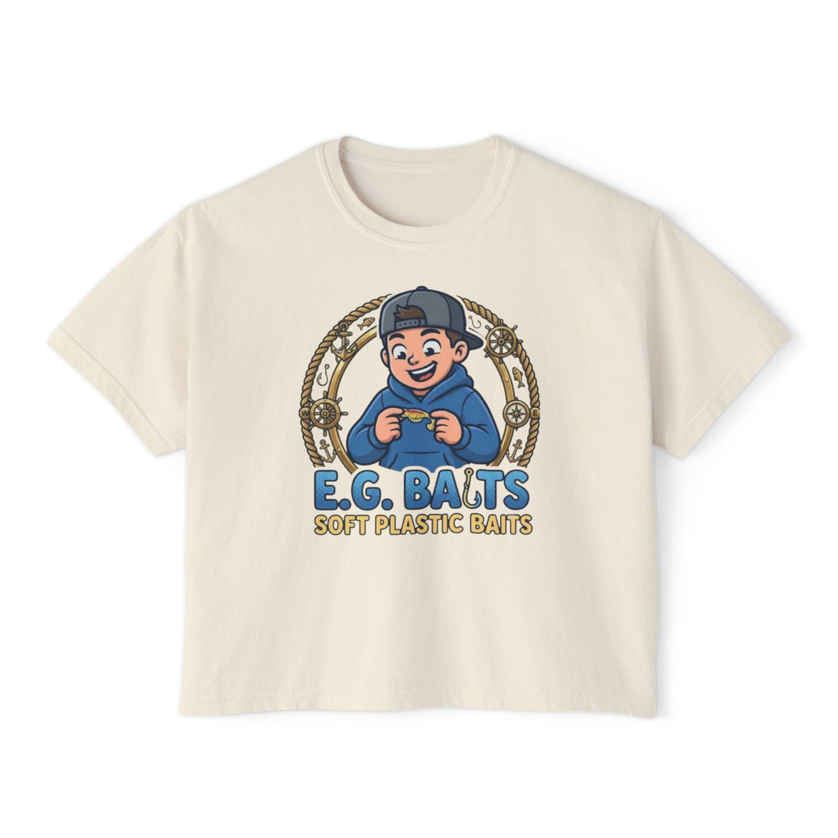 Fishing T-Shirt — "E.G. Baits" Soft Plastic Baits Cute Angler Graphic Boxy Tee