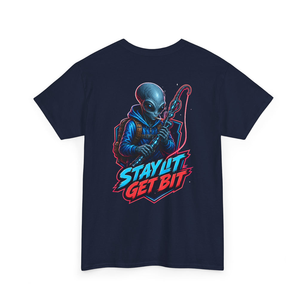 Alien Fisherman Graphic Tee — "Stay Lit Get Bit" Retro Sci‑Fi T-Shirt