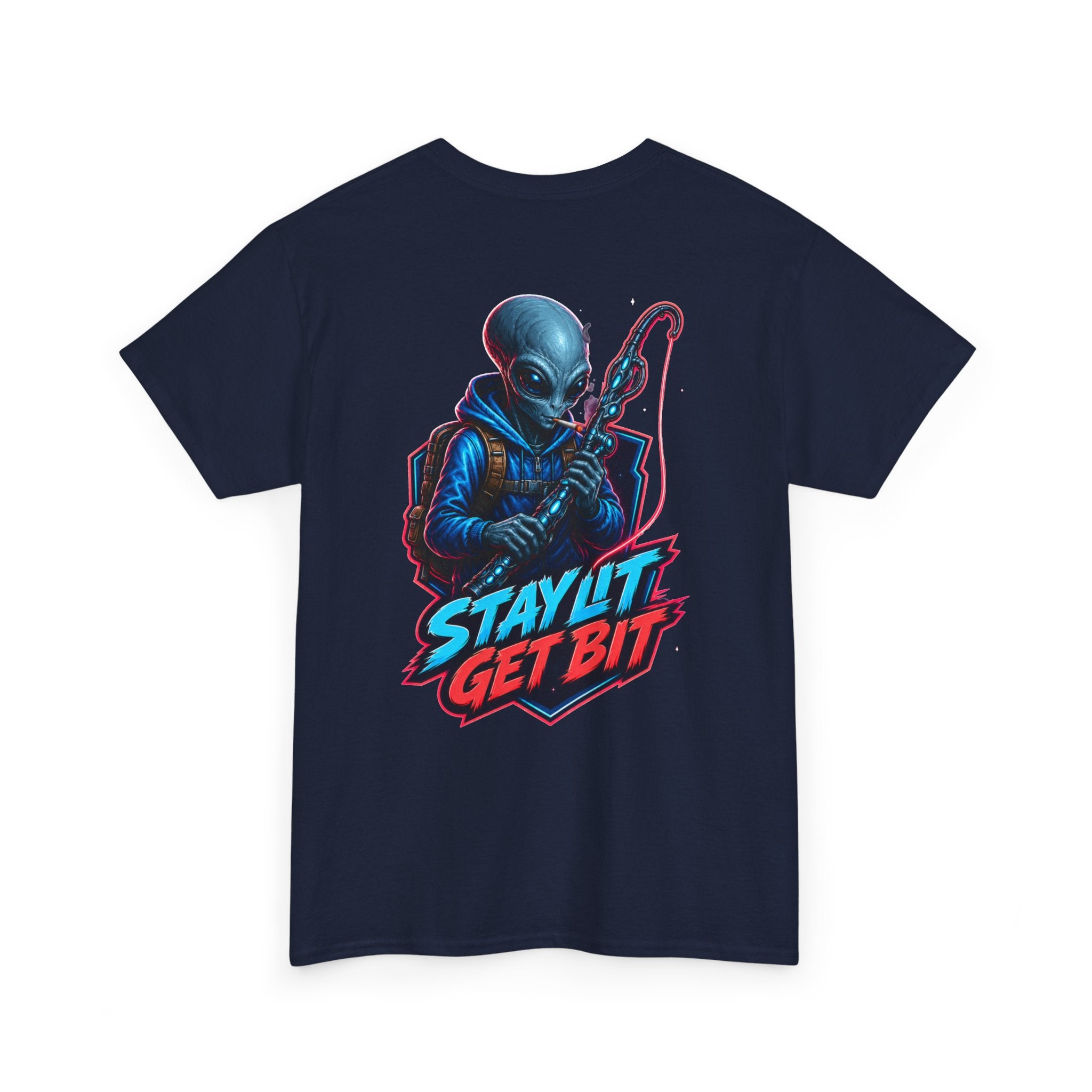 Alien Fisherman Graphic Tee — "Stay Lit Get Bit" Retro Sci‑Fi T-Shirt