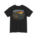 Central Coast California Fishing Tee — 'MO' Minimal Front Logo, Sunset Rockfish Back Design
