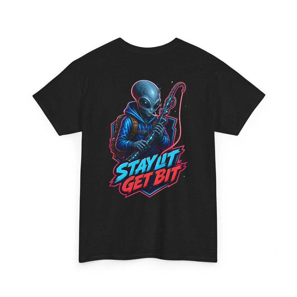 Alien Fisherman Graphic Tee — "Stay Lit Get Bit" Retro Sci‑Fi T-Shirt
